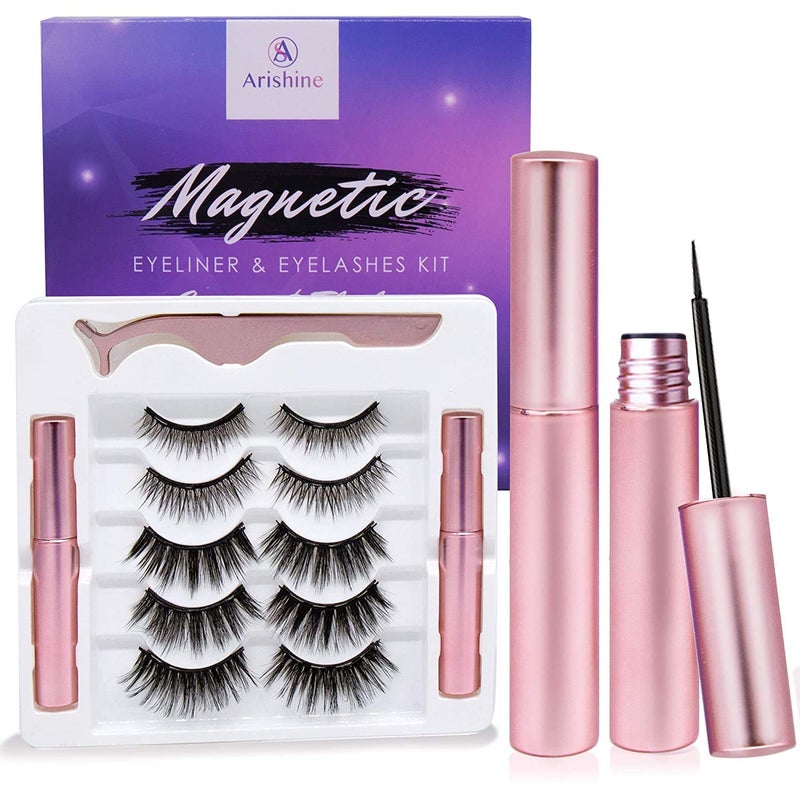 Arishine Magnetic Eyelashes with Applicator: 5 Pairs Reusable Natural & Glam Lashes, Lightweight Magnetic Liner, Beginner-Friendly, No Glue Needed, Waterproof & Cruelty-Free - Image 1